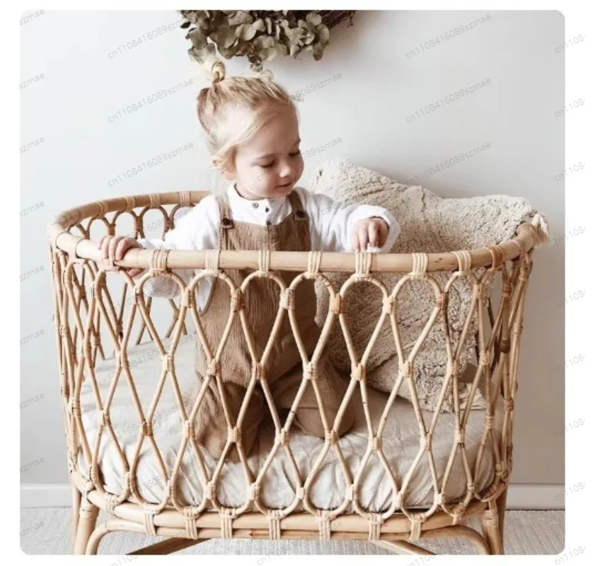 

French Rattan Baby Bed, Nordic Retro Style, Pure Handcrafted, Natural Imported Rattan Woven Baby Bed for Children’s Room