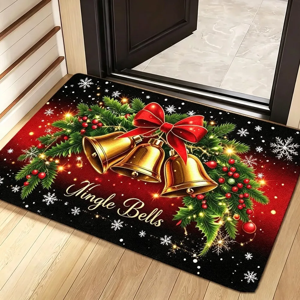 Snowman Plaid Christmas Rug Jingle All The Way Text Non Slip Soft Carpet For Indoor Entryway Kitchen Bathroom Holiday Decor