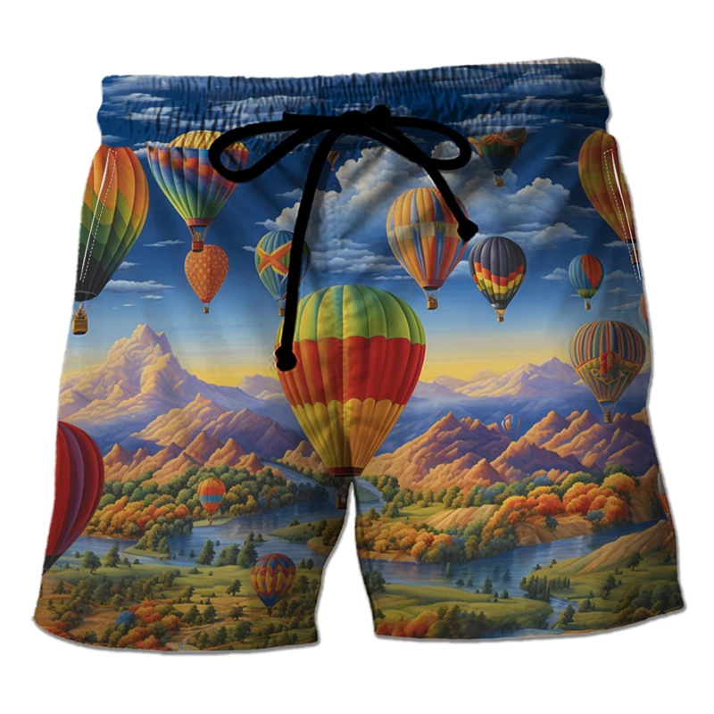 

Harajuku Fashion Hot Air Balloon Graphic Short Pants For Men Clothes Casual Hawaiian Fire Balloon Beach Shorts Funny Boy Trunks