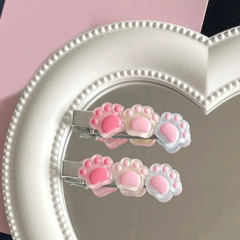 X6HE Sweet Hair Clip Cat Paw Shape Duckbill Hairpin Clear Shining Hair Clip for Summer Hairpins for Teenagers Children