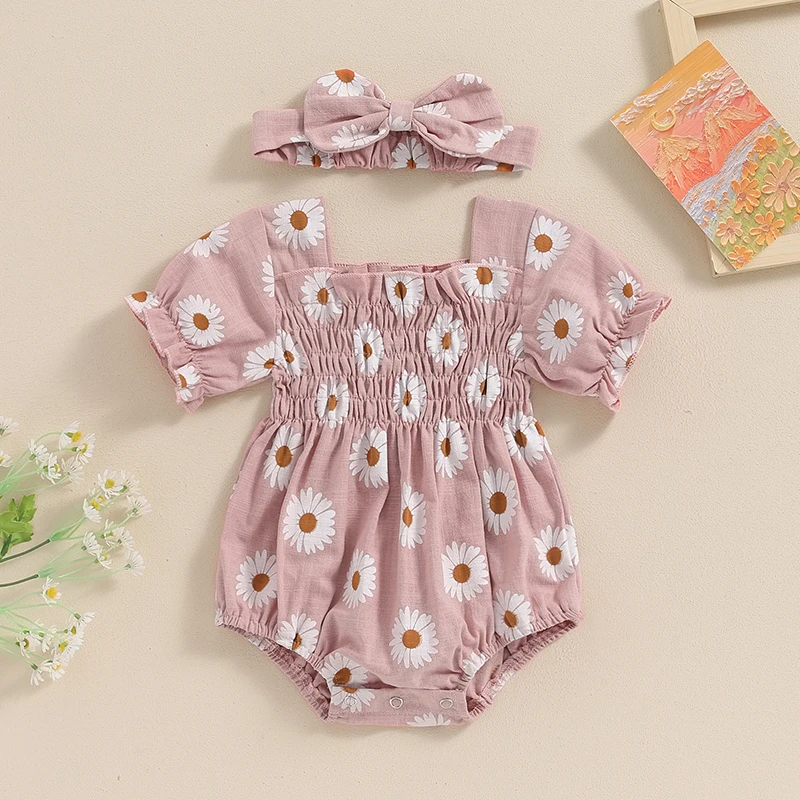 

Tregren 0-18M Infant Baby Girls 2Pcs Summer Outfits Short Sleeve Daisy Print Smocked Romper with Headband Set Newborn Clothes