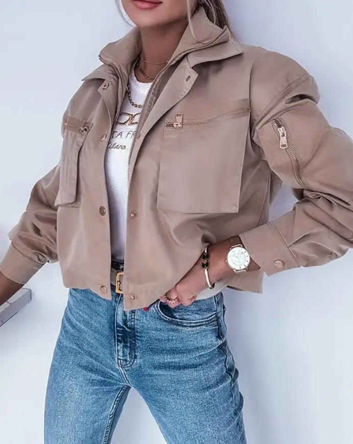 Women's Jacket 2025 Spring Autumn New Cargo Pockets Button Front Crop Jacket Casual Turn-Down Collar Long Sleeve Windproof Coat
