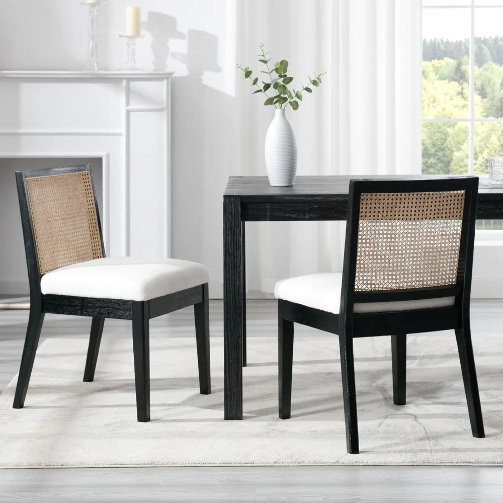 مجموعة من 4 كراسي لتناول الطعام في المزرعة من الروطان مع ظهر قصب وتنجيد شيربا لتناول الطعام الجانبي المريح