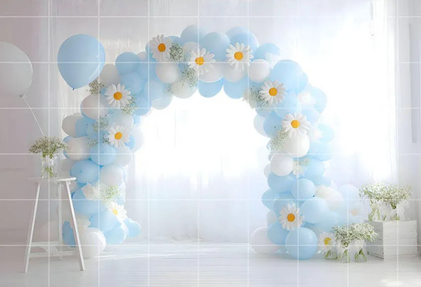 Mehofond التصوير خلفية أزرق أبيض ديزي الأزهار بالون الاطفال عيد ميلاد كعكة سحق صورة ديكور خلفية استوديو الصور