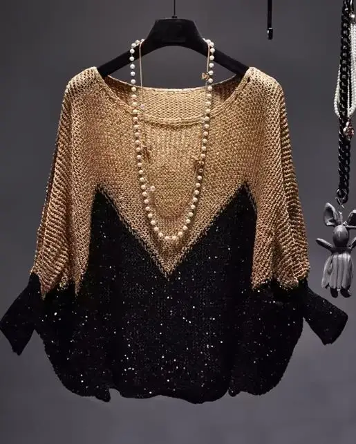

Осенне-зимний свитер с круглым вырезом и блестками, с рукавами-фонариками для женщин, элегантный свитер с длинными рукавами
