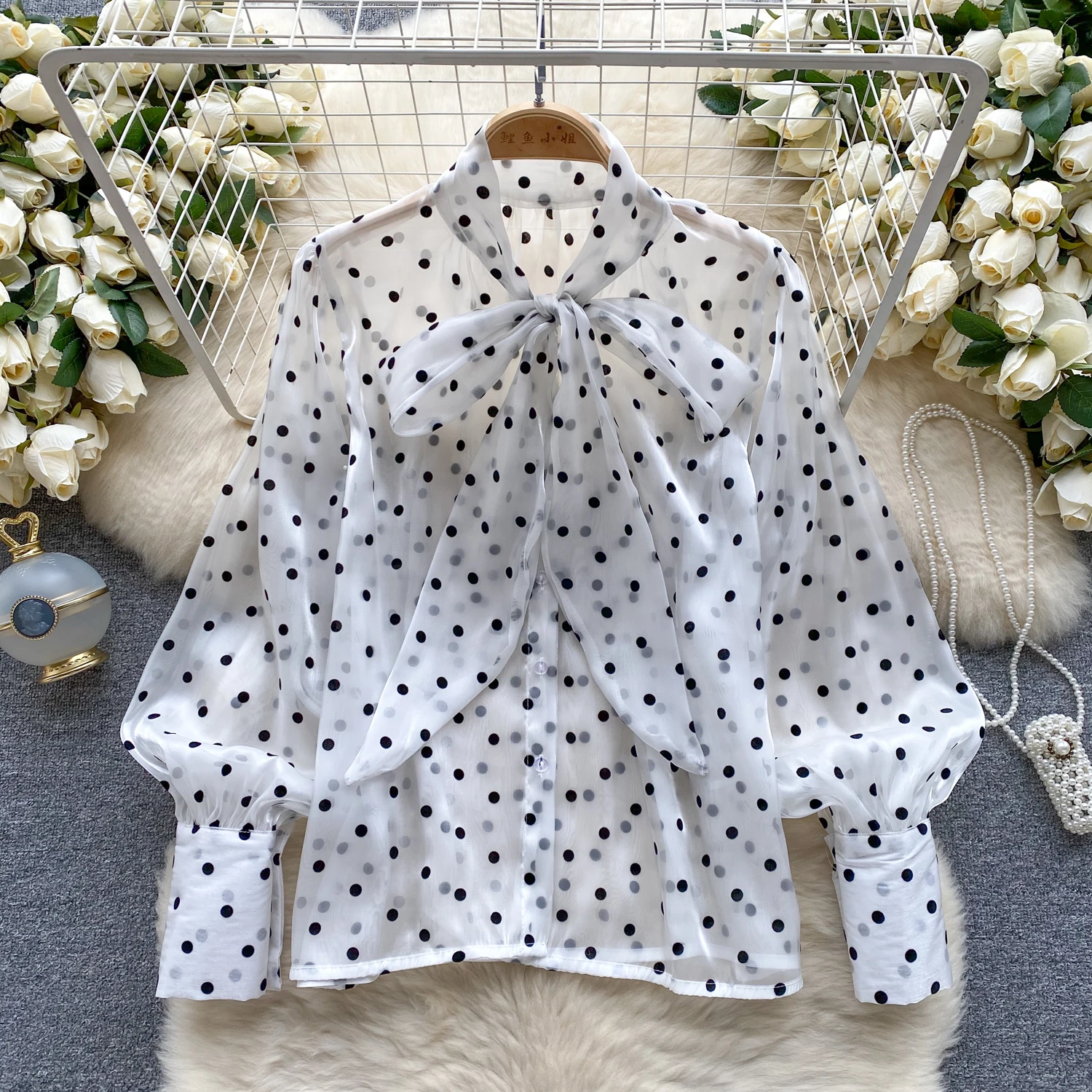 أنيقة خمر البولكا نقطة فراشة فضفاضة أساسيات الموضة قميص مثير شارع العليا المرأة بلوزة ملابس النساء #3