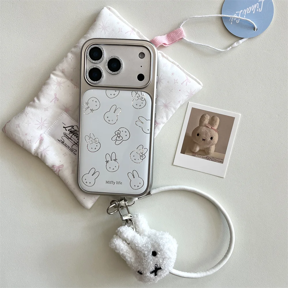 

Electroplated line rabbit phone case for iPhone 16 Pro 17 14 15 Pro 17 Pro Max 16 cover with plush pendant cute protective cover