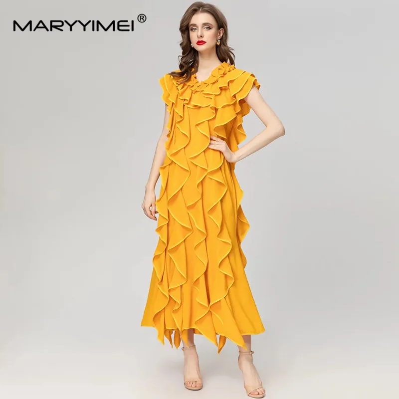 

MARYYIMEI Orange red/yellow Summer Fashion Designers Women's dress V-neck Butterfly Sleev Cascading Ruffle Elegant Party Dresses