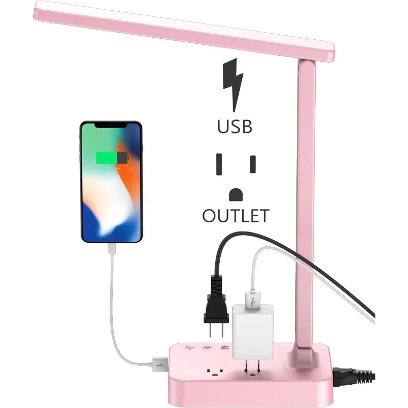 

Светодиодная настольная лампа Drevet, настольная лампа с 1 USB-портом для зарядки и 2 розетками переменного тока, 3 режима освещения, 3 уровня яркости, таймером 1 часа,