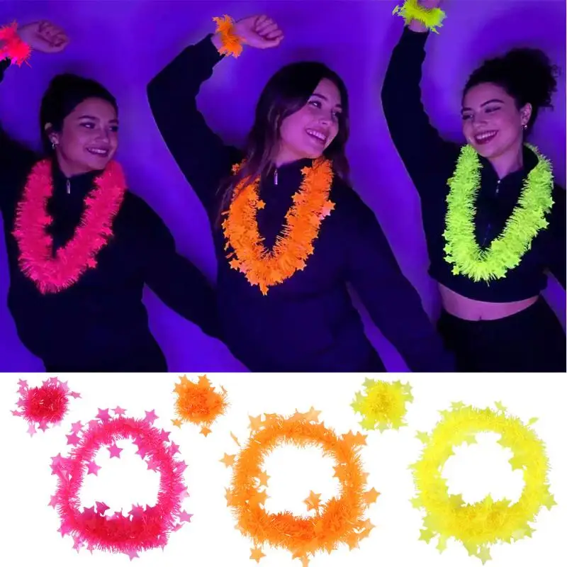 Neon Glow Star Lei Set UV Reactive Hawaiian Leis With Bracelets For Glow In The Dark Party And Night Event view 5