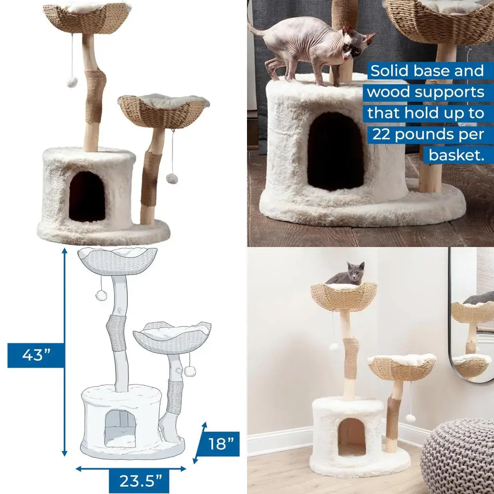 

Luxury Indoor Bungalow Cat Tree Condo with Modern Design, Featuring 2 Plush Faux Fur Beds, Scratching Posts, and Interactive Toy