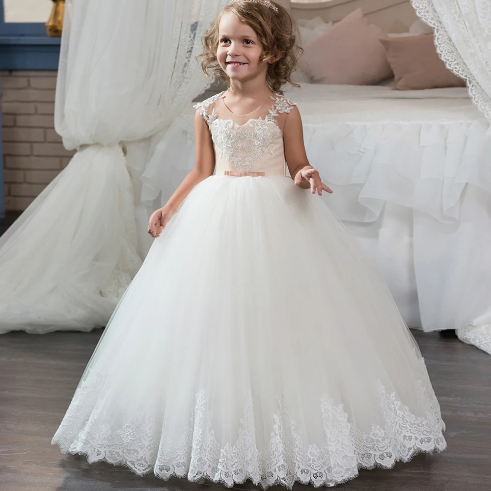 Ivory Lace Flower Girl Dress Sleeveless Tulle Ball Pageant Dresses First Communion Birthday Party Princess Gown with