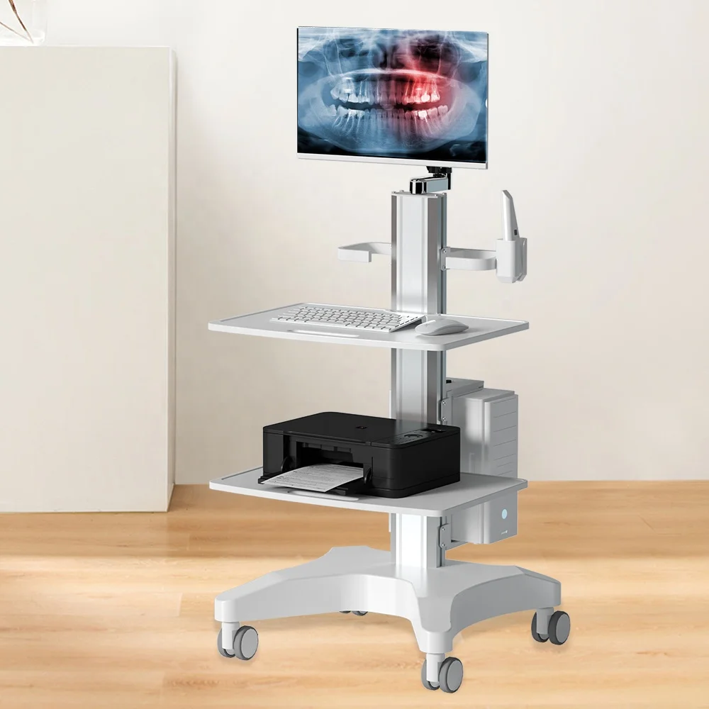 Aluminum Hospital Furniture Medical Cart With Oral Scanner Computer Laptop and 2 Tray for Hospital