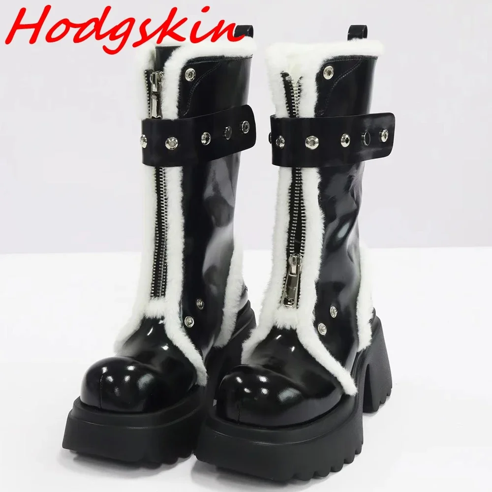 

Winter Newest Warm Boots Women Mixed Colors Round Toe Zipper Metal Button Straight Strap Flat Thick Sole Lovely Comfy Mid Boots