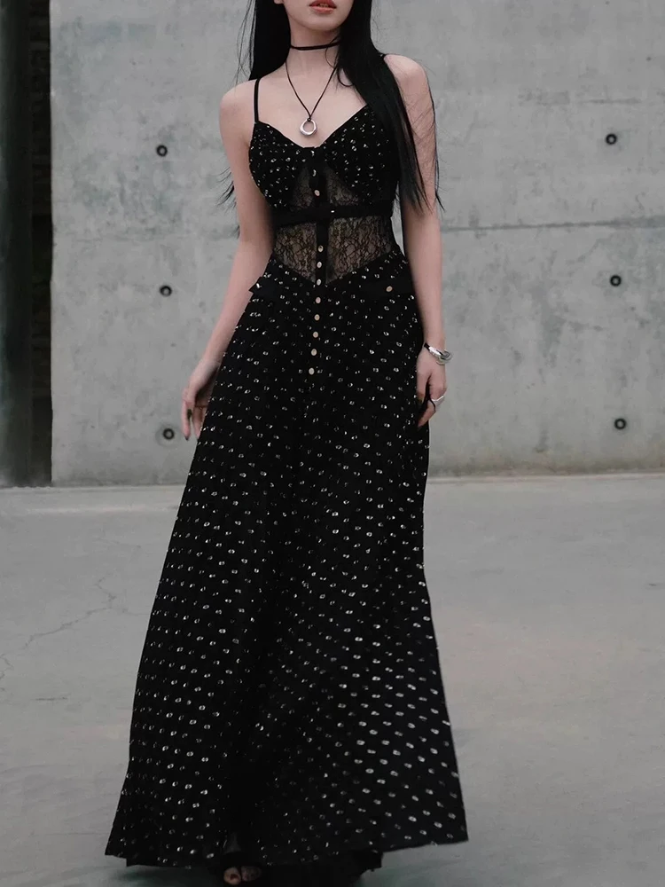

Strappy Maxi Dress: Stylish Deep V-Neck, Single-Breasted, Belted, Slim-Fit Women's Dress with Gold Polka Dots — New Summer 2026