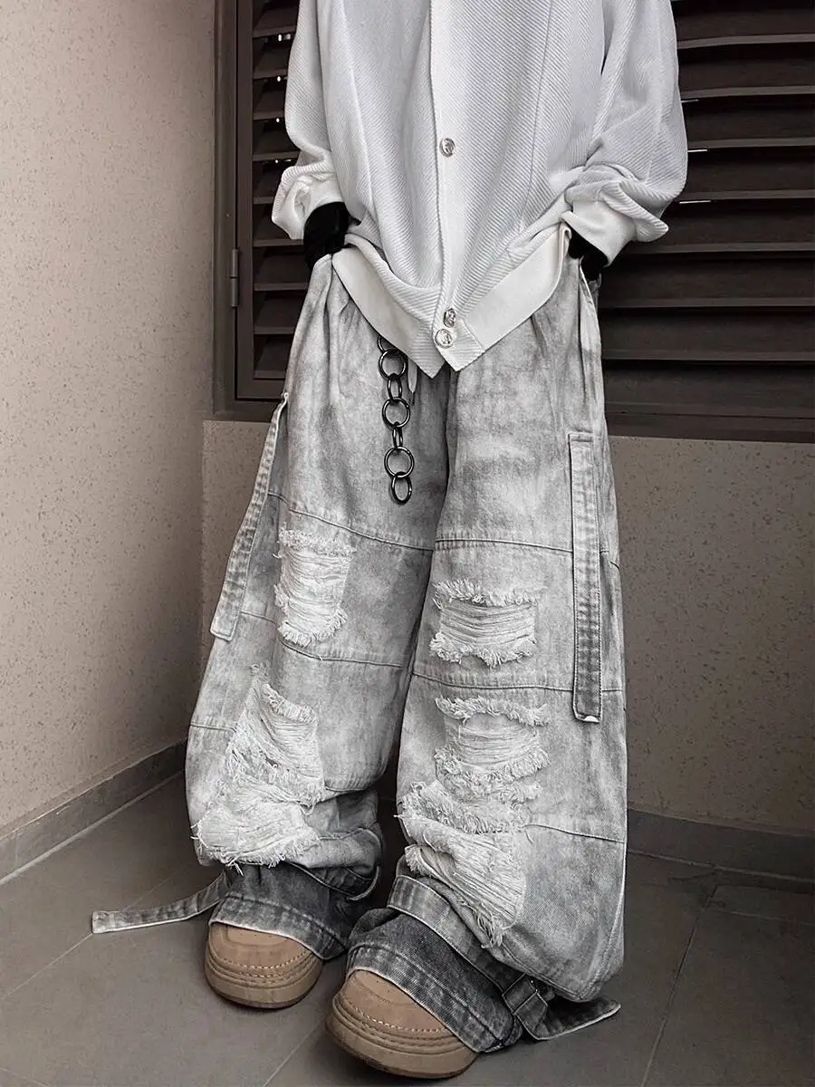 Man Jeans Street Fashion Cargo Jeans Hip Hop Mud Dyed Hollow Out Denim Pants Wide Leg Retro Distressed Washed Loose Trousers