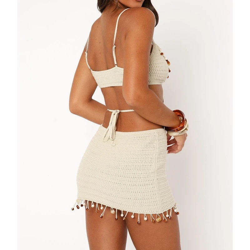 Combhasakiผู้หญิงฤดูร้อนเสื้อถักประดับด้วยลูกปัดมุกพู่Hem VคอCutout Lace-Up Backless Slim Fit Bodyconสั้นMini Camiชุด