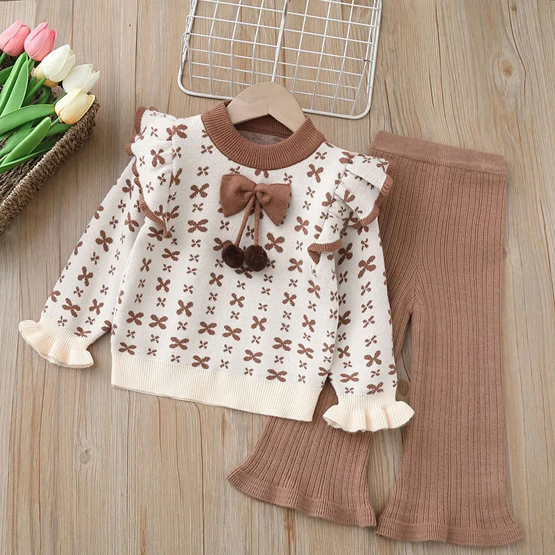 

MILANCEL 2-6Y New Autumn Kids Sweater Set Girls Cute Bow Knitted Pullover + Bell-Bottoms Children Outwear 2PCS