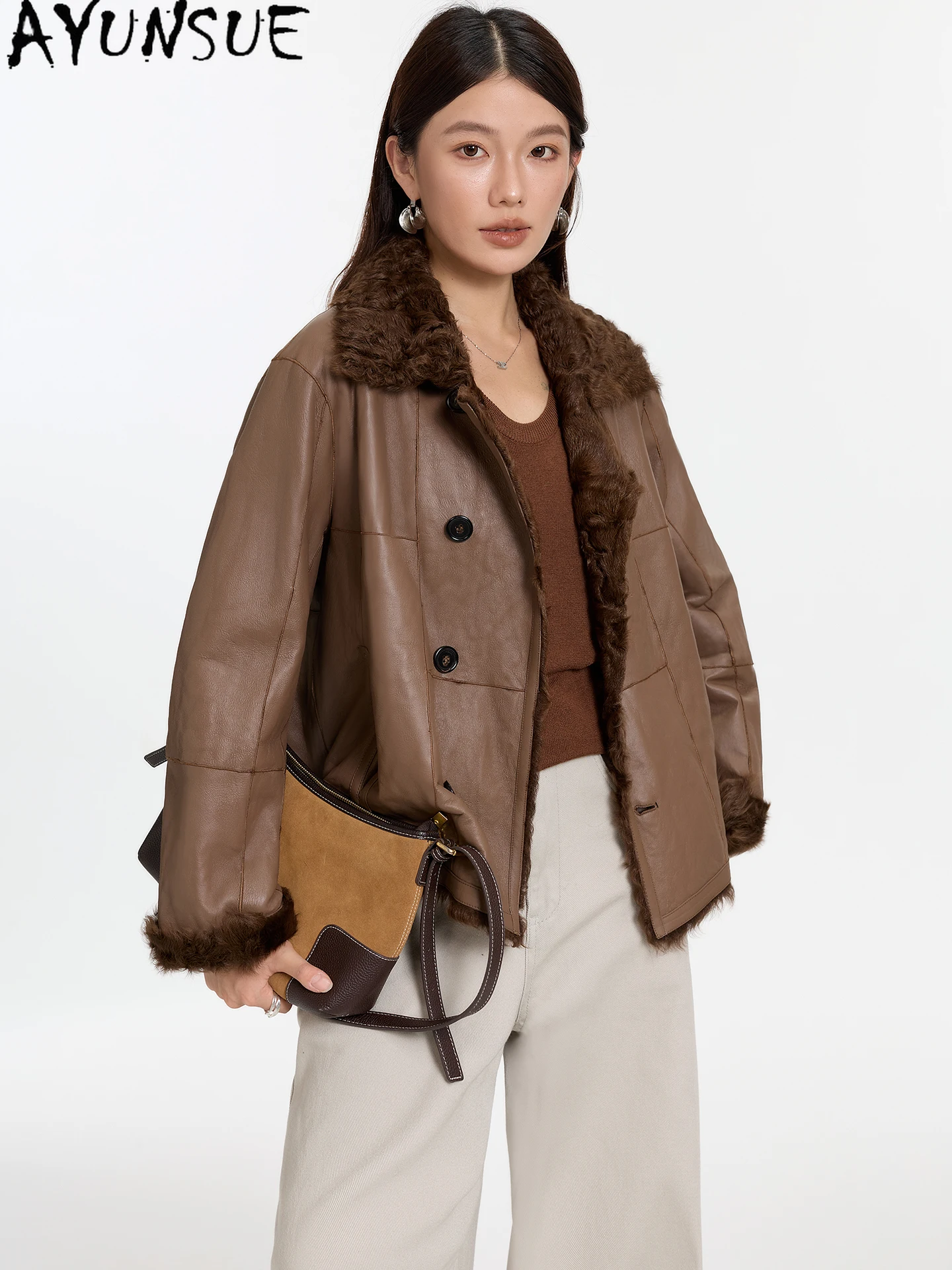 AYUNSUE manteau de fourrure de mouton naturel veste en cuir véritable femmes résistant au froid vestes de moto femme vêtements d'hiver 2025 Streetwear