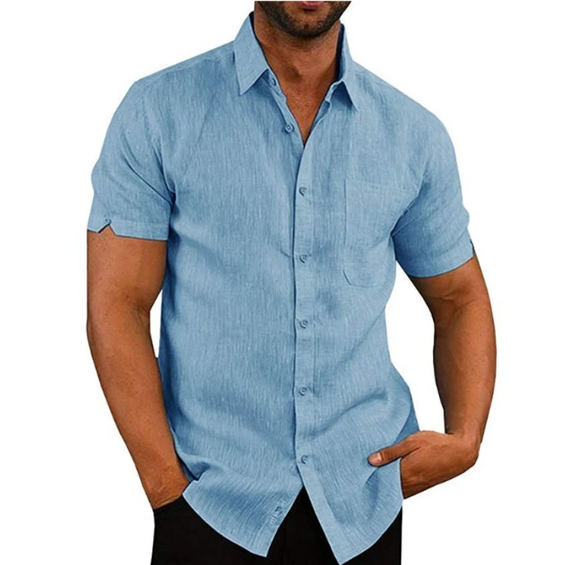 Lino de camisas de manga corta para hombre, camisa informal con bolsillo en el pecho, cárdigan transpirable, camisa de Boda de verano para playa