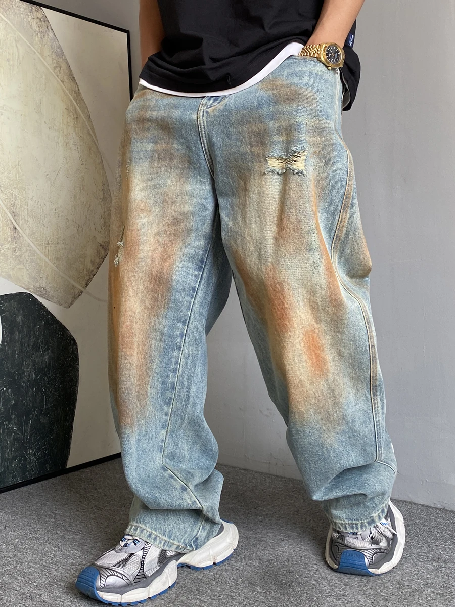 Distressed Dirty Dyed Ripped Jeans for Men