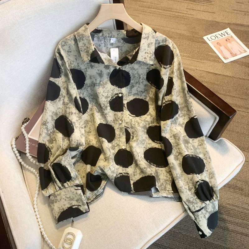 Autumn Women\'s 2024 New Patchwork Polo Collar Button Loose Fashion Dot Printing Minimalist Casual Long Sleeved Blouses Shirts