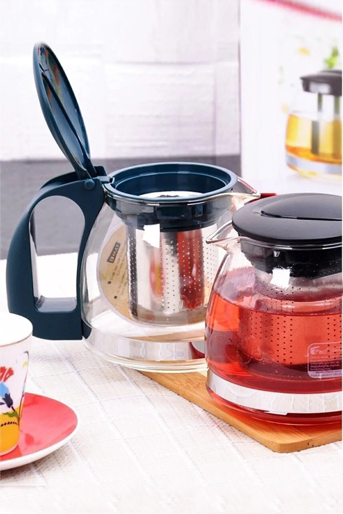 With Glass Infuser Strainer 700 Ml Tea Coffee Herbal Tea Infuser Glass Teapot Kettle With Black Wholesale Bamboo Lid