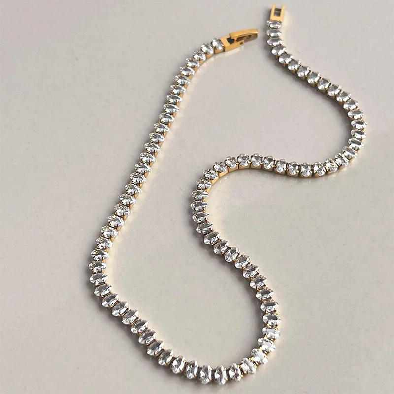 Oval cz stone tennis chain necklaces stainless steel necklaces for women minimalist dainty stainless steel non tarnish