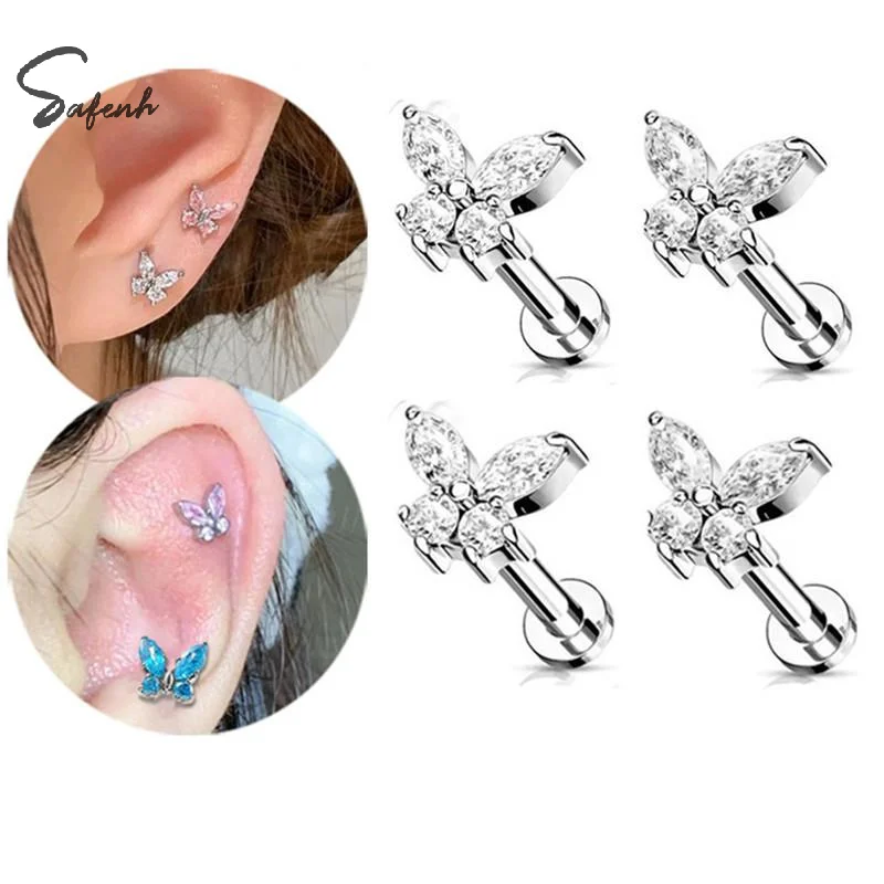 Right Grand ASTM F136 Titanium 16G Mini Butterfly CZ Labret Tragus Cartilage Conch Forward Helix Stud Nose Piercing Body Jewelry