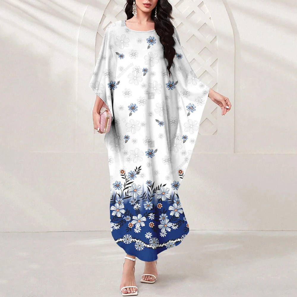 

Elegant And Beautiful Moslem Women's Dresses Printing Batwing Sleeve Robe Long Dresses Reach The Ground Islamic Robe Dresses