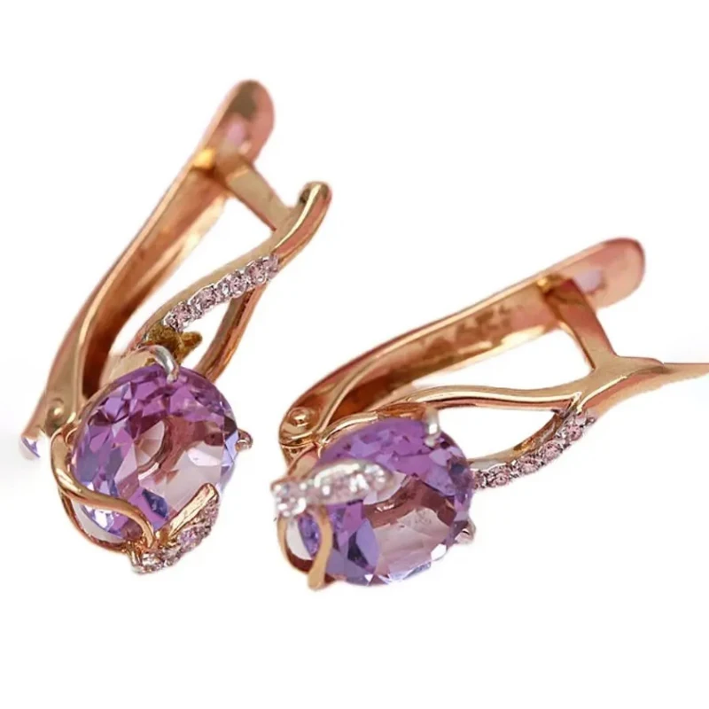 Classic Plated 14K Rose Gold Shining Exquisite Earings 585 Purple Gold Elegant Amethyst Earrings for women Engagement Jewelry