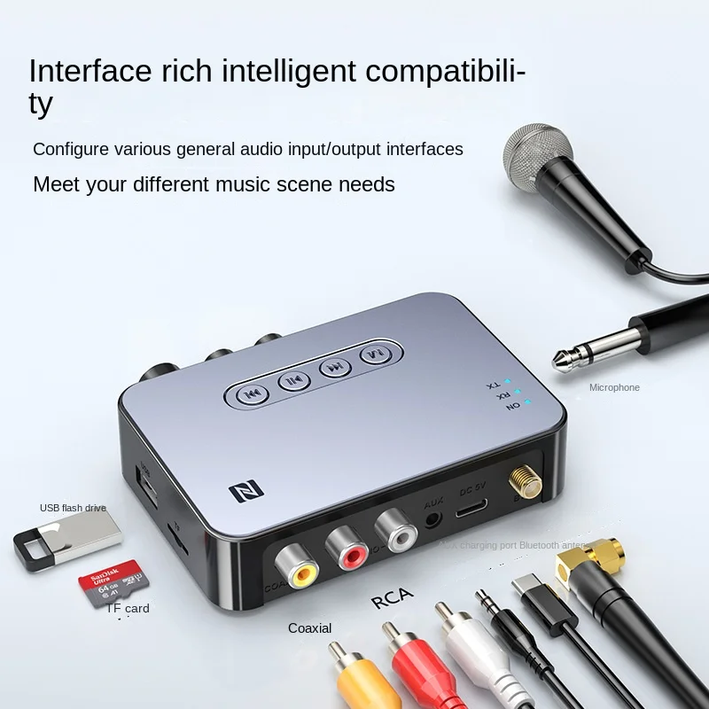 New Support NFC Fast Pairing Bluetooth 5.1 Audio Adapter 6.5mm Microphone Sings Without Whistling 3.5Aux TF USB Disk RCA FM7In 1