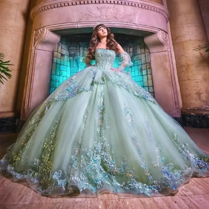 Aangepaste Glanzende Mintgroen Quinceanera Jurken Sweet 16 Jaar Meisje Prinses Verjaardagsfeestje Tull Bladerdeeg Mouw Vestidos 15 De Anos