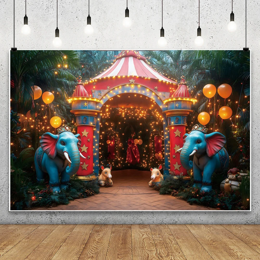 Telón de fondo de fotografía con tema de circo para niño y niña, globo de fiesta de cumpleaños, carpa de bosque de animales, Fondo de pastel para niño, utilería de estudio fotográfico
