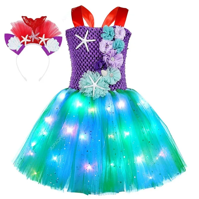 New Pricness Girls Mermaid Tutu Dresses with LED Lights Sea Theme Party Starfish Ariel Cosplay Costumes Purple Ball Gown Dress