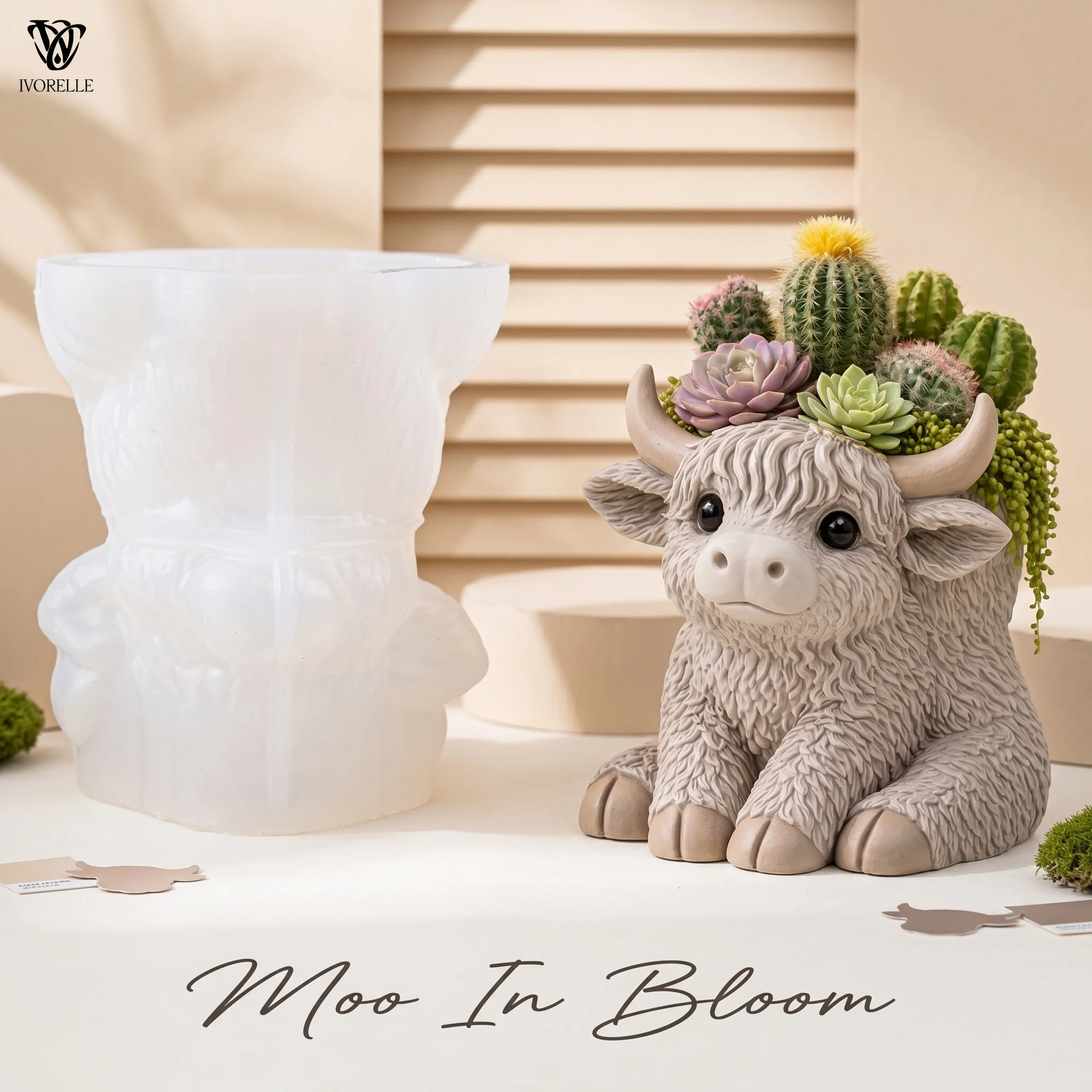 IVORELLE Little Cow Jar Silikonform mit gebogenen Hörnern für Gips, Harz, Pflanzgefäß, Schmuckkästchen, Blumenvase, DIY-Heimdekoration