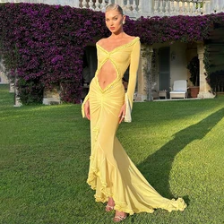 CUTENOVA 2024 Spring Solid Color Long Sleeve Mesh See Through Low Cut Sexy Floor Tassel Evening Dress