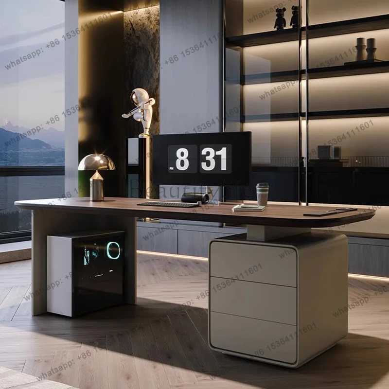 D06 Wooden Rounded Corner Desk with Drawer Storage Cabinet,Contemporary Writing Table for Home Office