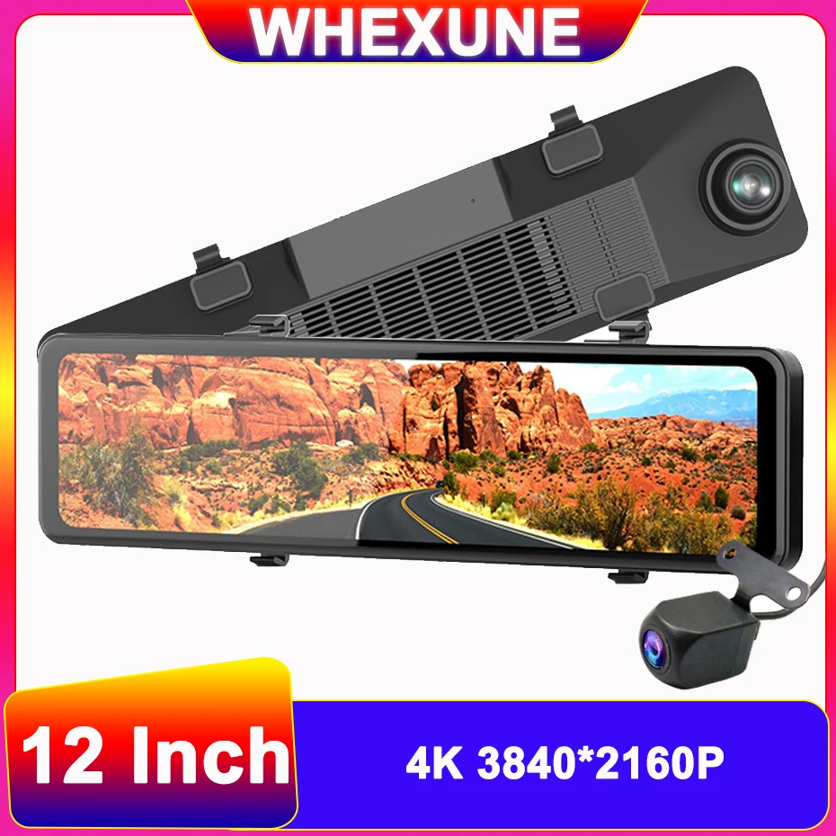 WHEXUNE UHD 1080P Dual Lens 4K Dash Cam Rear 12 Inch View Mirror Car Dvr Cameras Wifi Video Recorder Loop Recording Night Vision