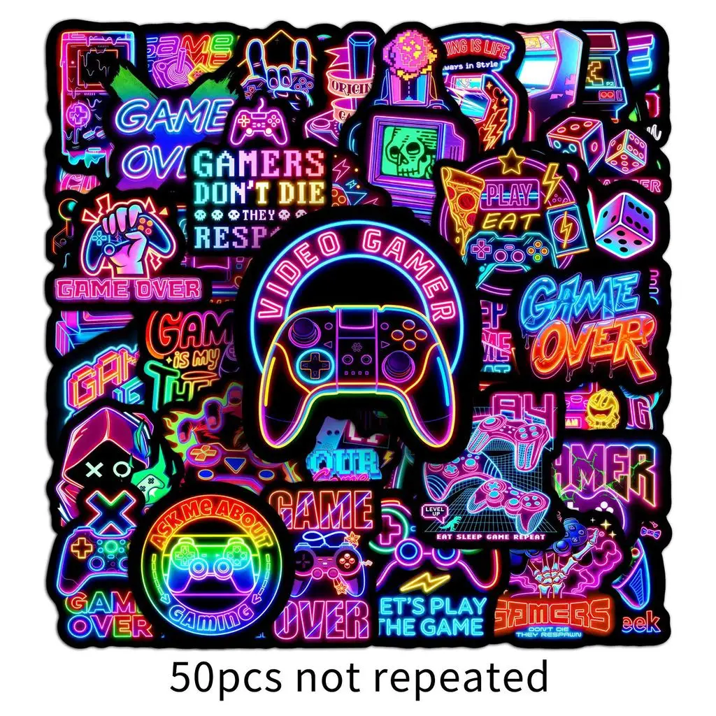 50Pcs Neon Game Graffiti Stickers Trendy Colorful Game Controller Waterproof Decals for Guitar Car LanLanStickersWorld Store