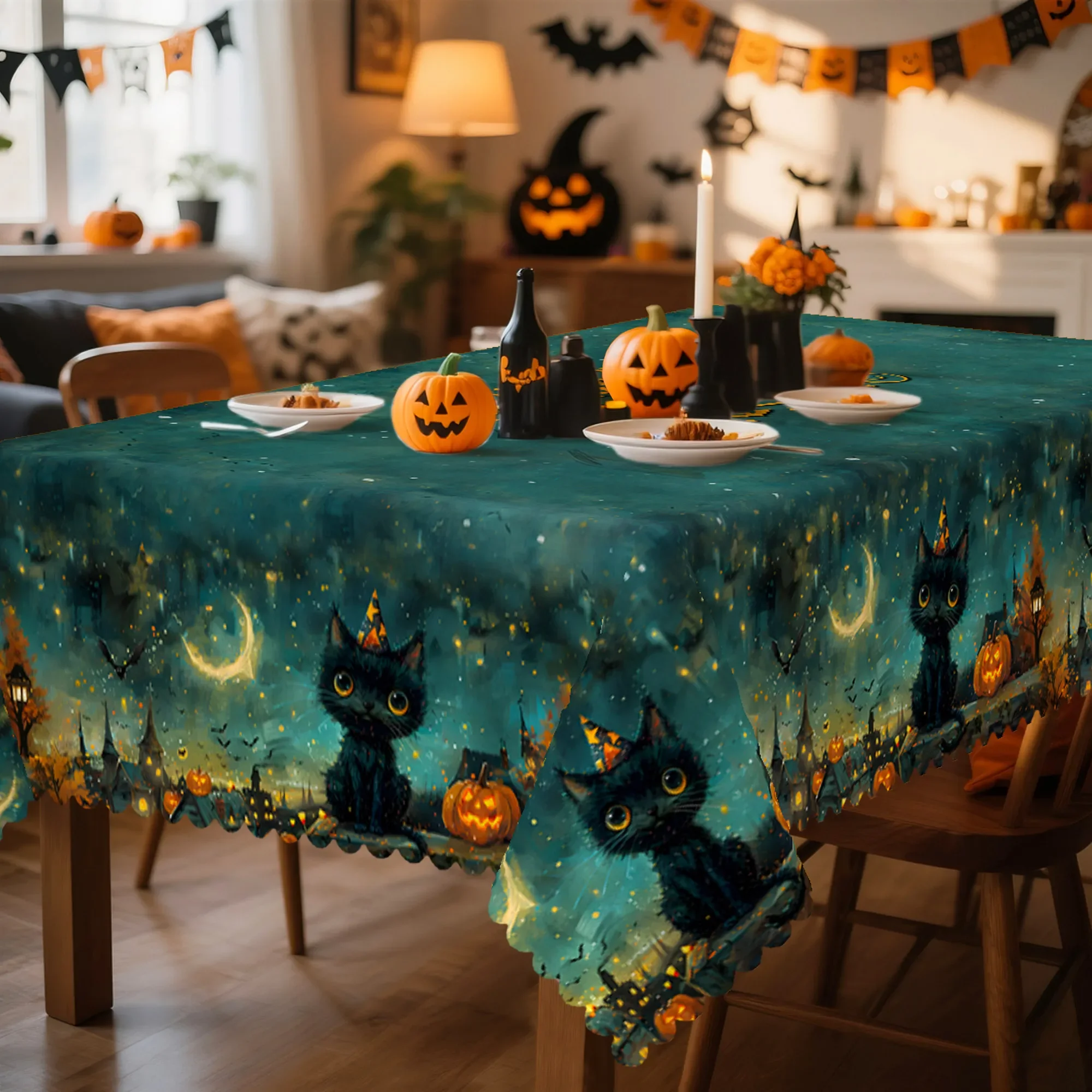 1pc Halloween tablecloth, retro cat, pumpkin and bat candle design for night time.PMJ