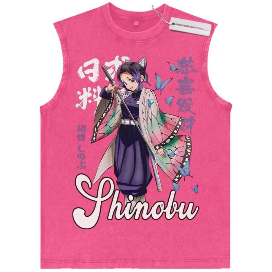 

Vintage Washed Pink Cotton Tank Top Men's Hip Hop Gym Vest Summer 2026 with Kimetsu No Yaiba Kanao Tsuyuri Anime Character Print