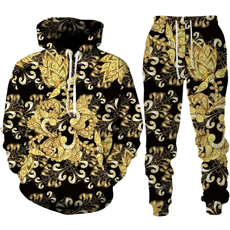 Sudadera con capucha y pantalones con estampado 3D Floral dorado para hombres y mujeres, chándal informal, conjunto de moda, traje deportivo,