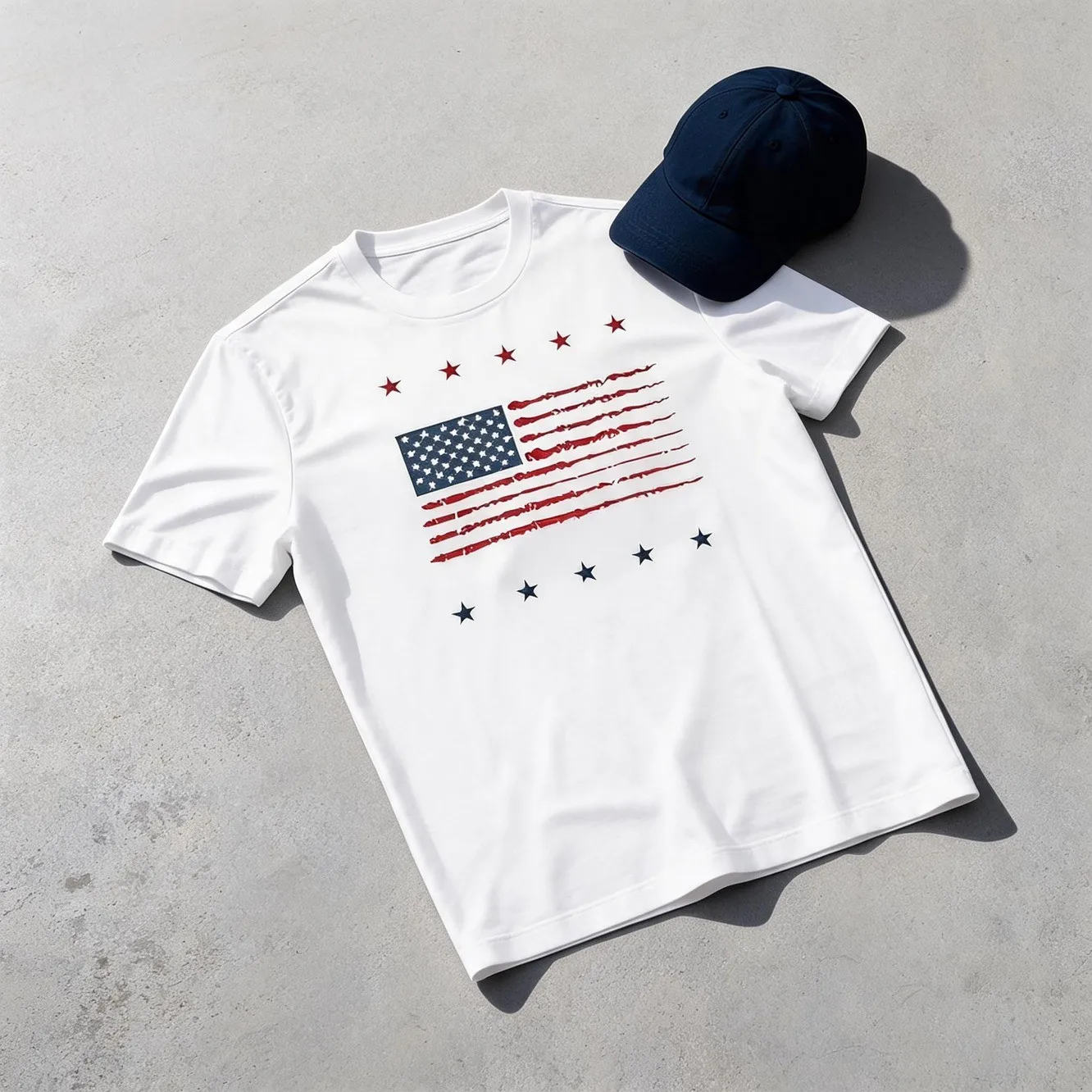 Independence Day Mens Clothes American Flag Stars Print White TShirt, Unisex Casual Crew Neck Tshirt, Plus Size Men's Clothing 5XL, Lightweight 220gsm Knit Fabric, Machine Washable, For Spring/Summer/Fall/Independence Day/Memorial Day/Labor Day