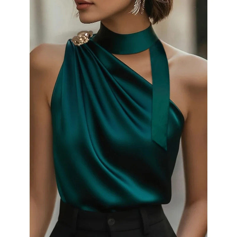 

Women'S Elegant Sleeveless Top with a Neck Tie Bow Design in Satin with a Glossy End