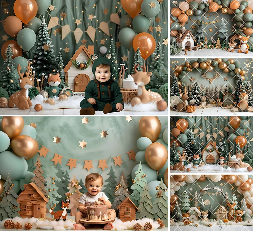 Mehofond التصوير خلفية الشتاء الغابات المقصورة الحيوانات الاطفال حفلة عيد ميلاد كعكة سحق صورة ديكور خلفية استوديو الصور
