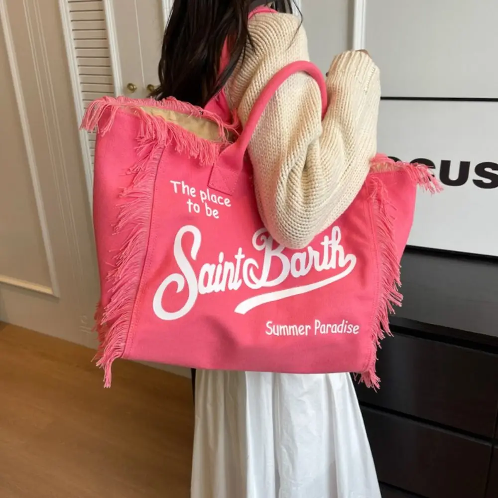 Fashion Tassel Design Women Canvas Bag Large Capacity INS Casual Shoulder Bag Simple Style High Quality Beach Tote Bag Vacation image 5