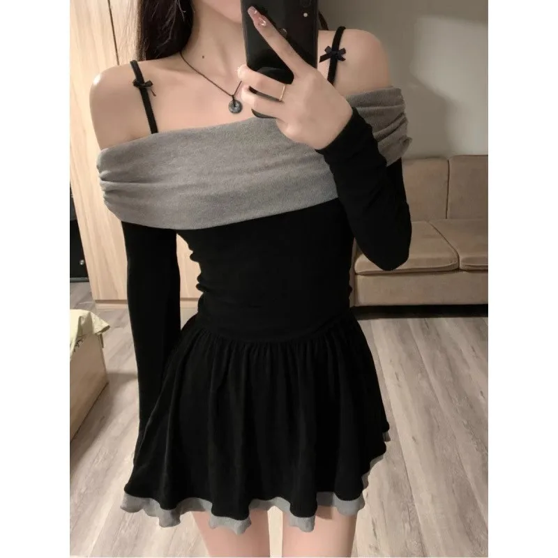 Spring Autumn French Bow Strap Short Dresses Color Contrasting Splicing Sling Vestidos Women Sexy Wrinkled Style A-line Dress