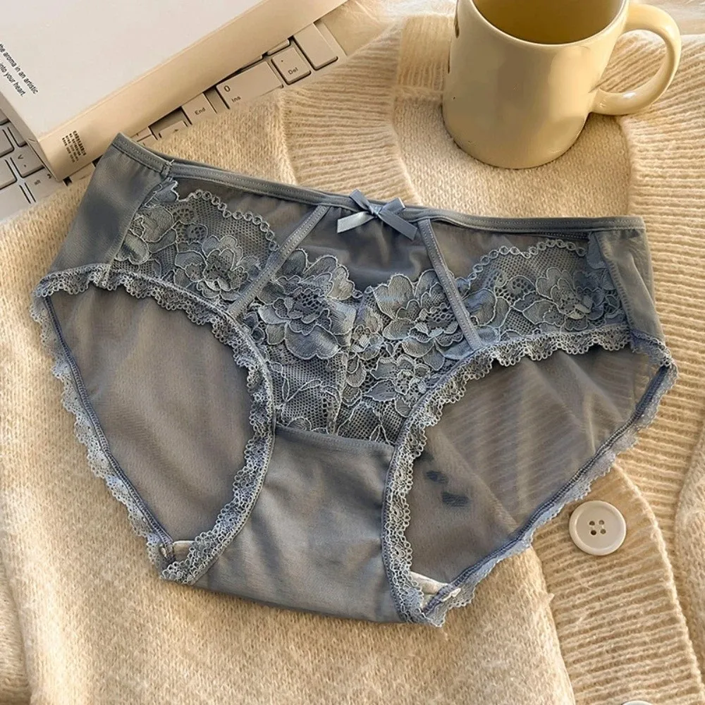 Ultra-thin Lace Seamless Panties Underpants Low-waist Underwear for Women See Through Cotton Crotch Mesh Lace Briefs Girl