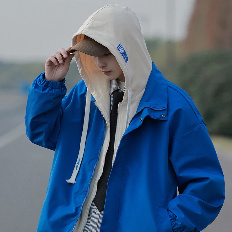 

Autumn Men Leisure Hooded Jackets Blue Green Khaki Black Color Patchwork Design Coats Outdoor Urban Style Outerwear Stylish Fall